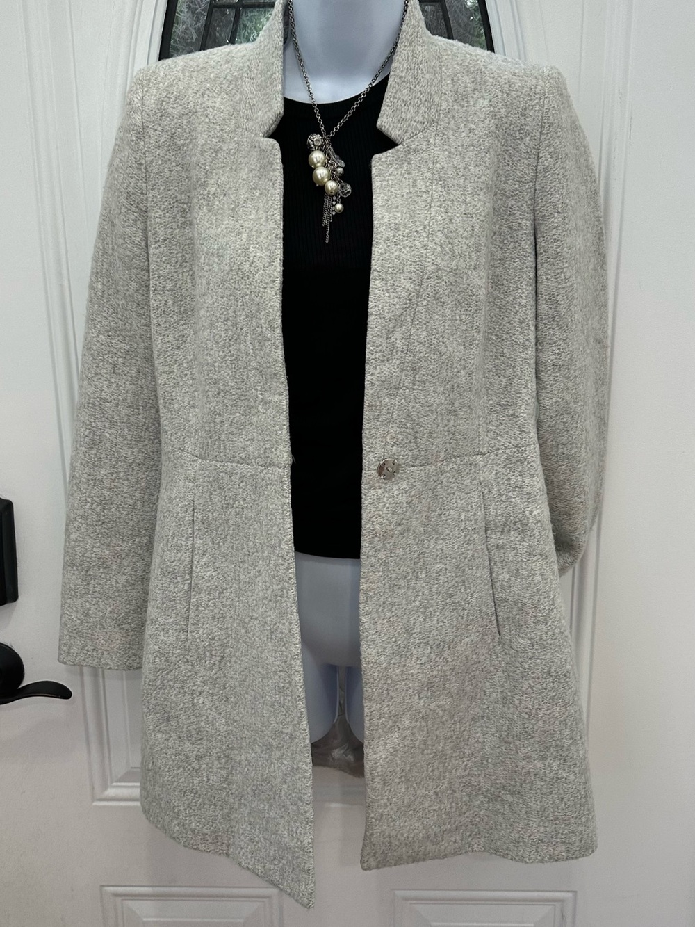 Zara Women's Light Gray Collarless Wool Blend Coat Medium